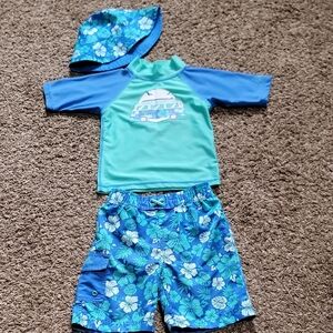 Boys Size 5 UV Skins Tropical Swim Set Rashguard Shorts & Hat 3pc